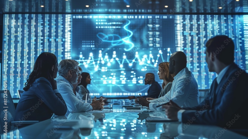 Poster A formal meeting room filled with business executives and scientists, discussing a biotech proposal, with a large screen displaying genetic sequences and research data. Generative AI.