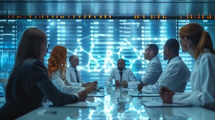 A formal meeting room filled with business executives and scientists, discussing a biotech proposal, with a large screen displaying genetic sequences and research data. Generative AI.