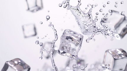 Frosty Ice Cubes in a splashing Cold Water on white background
