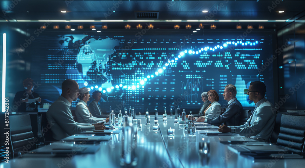 Poster A formal meeting room filled with business executives and scientists, discussing a biotech proposal, with a large screen displaying genetic sequences and research data. Generative AI.