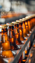 full beer bottles in a production line, oktoberfest concept, created with generative AI technology