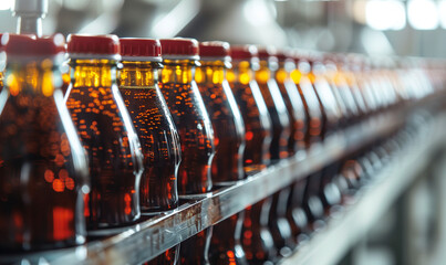 A dynamic shot from inside the factory, where bottles of cola drinks are placed on the production line.