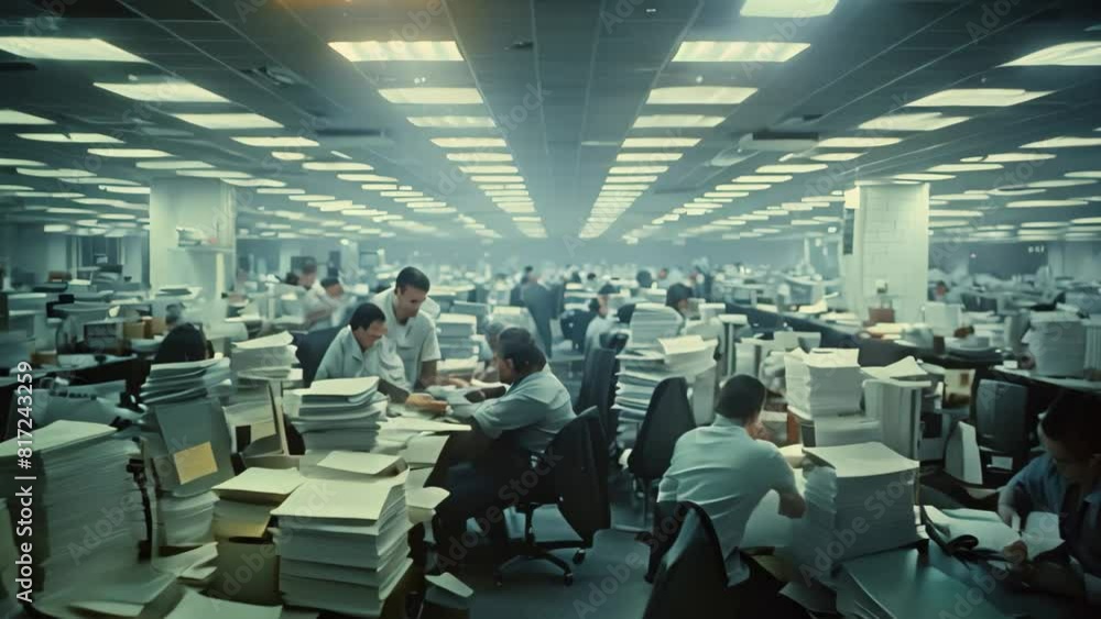 Poster busy office with people working on computers, a busy cubicle farm with rows of identical workstation
