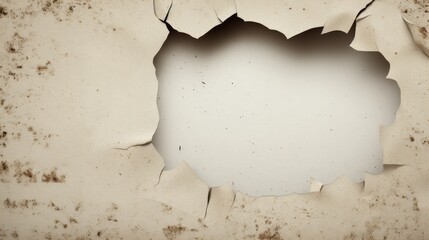 A torn hole with ragged edges on a piece of paper copy space 