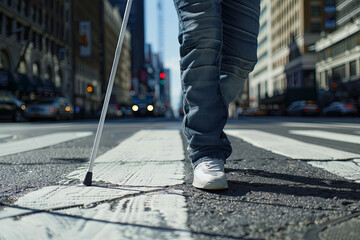 Midsection of young blind man with white cane walking across the street in city
