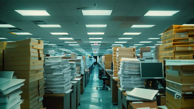 A room packed with numerous cardboard boxes and files neatly stacked in rows, A busy cubicle farm with rows of identical workstations, fluorescent lights, and stacks of paper on every desk