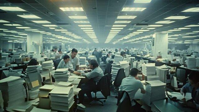 Busy Office With People Working on Computers, A busy cubicle farm with rows of identical workstations, fluorescent lights, and stacks of paper on every desk