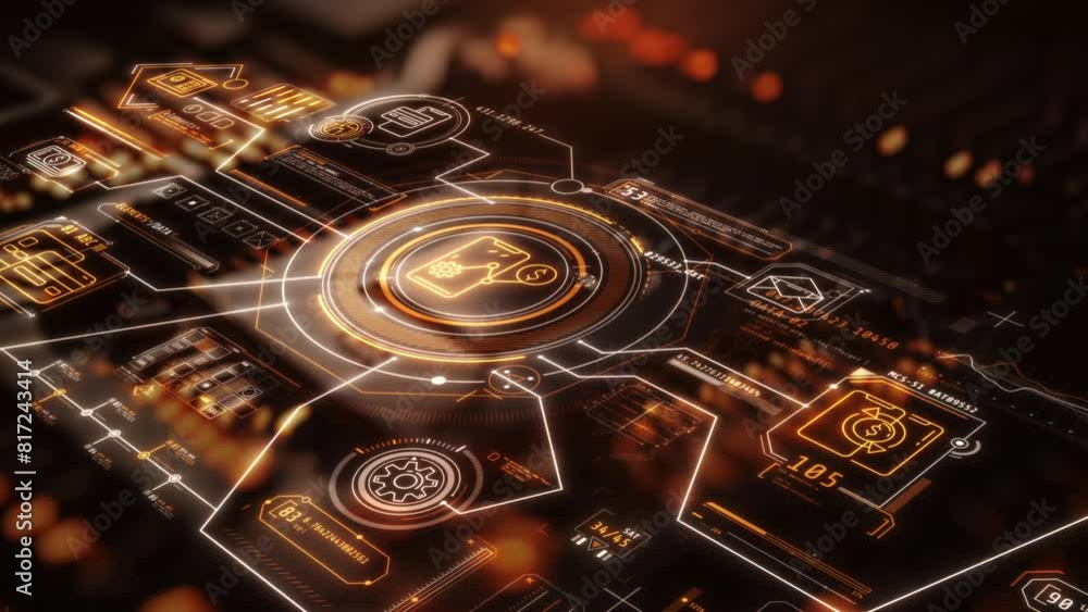 Poster animation with infographics and processor, close-up view.
