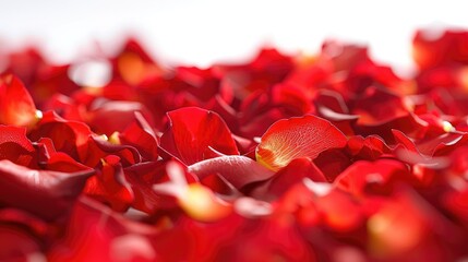A Valentine s Day themed backdrop featuring cascading red rose petals against a white background The image showcases a cluster of vibrant red rose petals captured in a studio setting with a