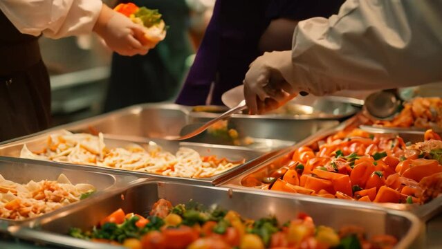 A cafeteria worker diligently arranging a buffet line of food for consumption, A cafeteria worker carefully preparing a tray of food for a customer