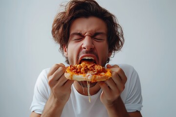 Man eating a slice of pizza