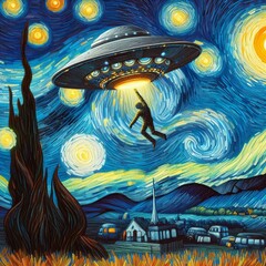 UFO Abduction Starry night Art  Generative AI