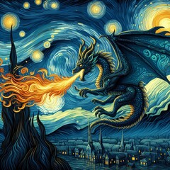 Dragon Starry night Art  Generative AI