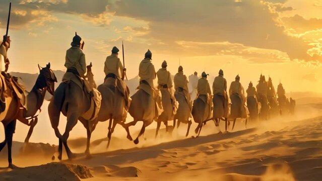 Group of people riding on camel backs as part of a caravan of traders making their way across the desert, A caravan of traders making their way across the desert on camelback