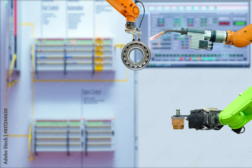 Poster modern technology with industrial automation gripping robot and welding robot are working with metal