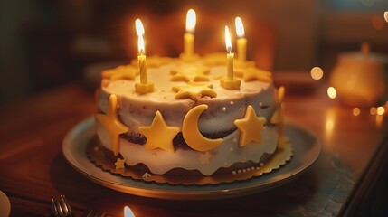 A celestial birthday cake adorned with edible moons and twinkling stars, a cosmic celebration.