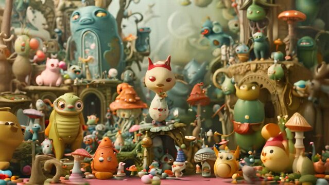 A painting depicting a variety of toys in a surreal setting, showcasing different types and colors, A cast of characters depicted in surreal, dreamlike settings