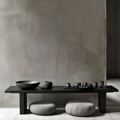 Streamlined Elegance: Minimalist Ebony Console Table with Chic Poufs