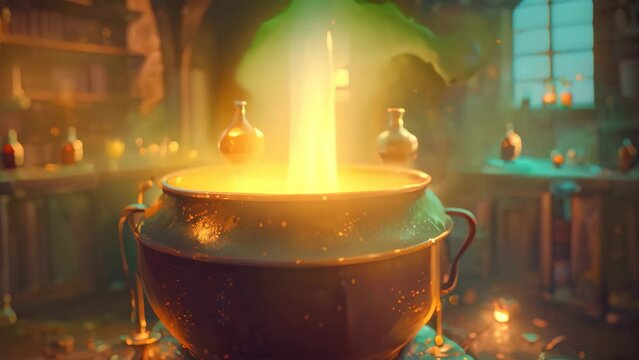 A sizable pot filled with liquid sitting atop a table, A cauldron bubbling with mysterious potions
