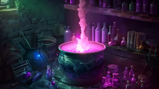 A room filled with various items like furniture, books, clothes, toys, tools, and electronics, A cauldron bubbling with mysterious potions
