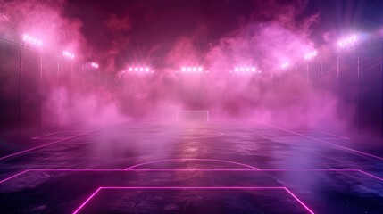 textured soccer game field with neon fog center, midfield, 3D Illustration