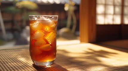 A chilled glass of barley tea, a light brown color with ice cubes floating inside, resting on a traditional tatami mat.