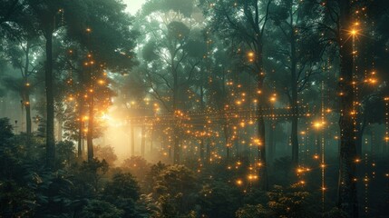 A digitally rendered forest scene set against a full-frame digital grid background, blending nature with technology seamlessly.