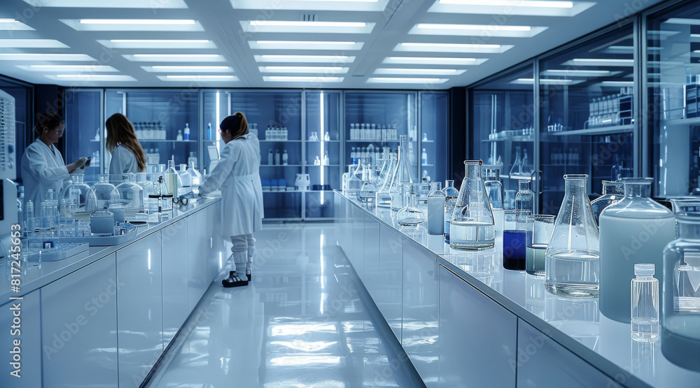 Poster A chemical laboratory with scientists in lab coats conducting experiments and analysis. Generative AI.