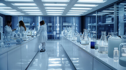 Obraz premium A chemical laboratory with scientists in lab coats conducting experiments and analysis. Generative AI.
