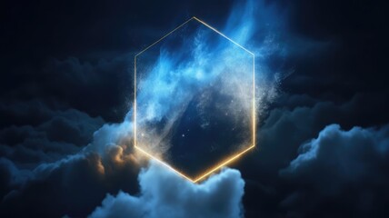 Digital artwork of geometric shape blue smoke art on black background. Surreal wallpaper of elegant golden square picture frame with magical blue smoke. Mystery and abstract concept art. AIG35.