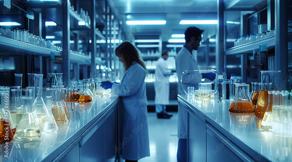 Poster A chemical laboratory with scientists in lab coats conducting experiments and analysis. Generative AI.