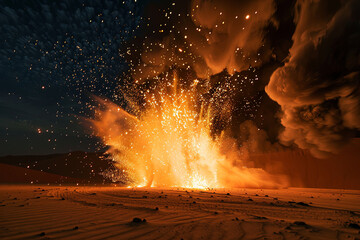 Detonation in desert sand with lots of smoke, fire and sparks at night
