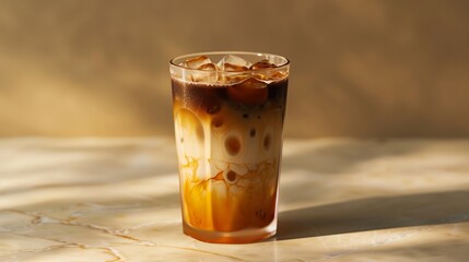 A chilled glass of Vietnamese iced coffee with a strong layer of coffee at the bottom and a creamy condensed milk layer on top. Ice cubes float in the middle, creating a layered effect.