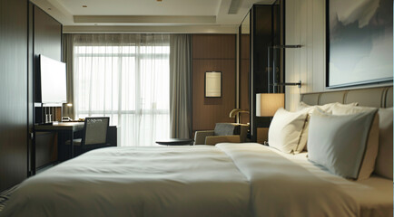 Hotel bedroom interior, beige curtains, luxury design, beautiful hotel bedroom