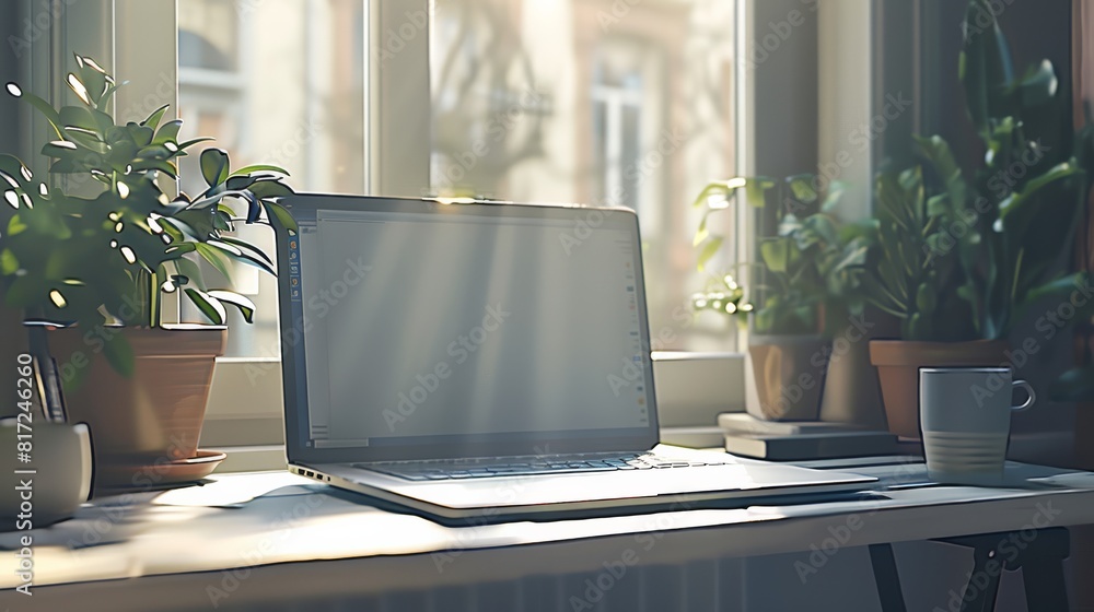 Poster a mockup of a laptop on a desk, showing a blank screen for adding custom website or application desi