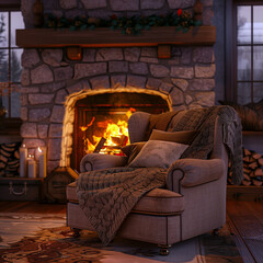 Fototapeta premium Home Comforts: Creating Warm Ambience with a Cozy Fireplace in the Living Room