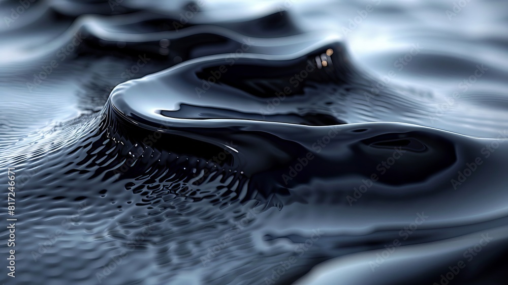 Poster abstract rendering of dark ferromagnetic fluid pulsating and moving, reflecting ripples, showcasing 