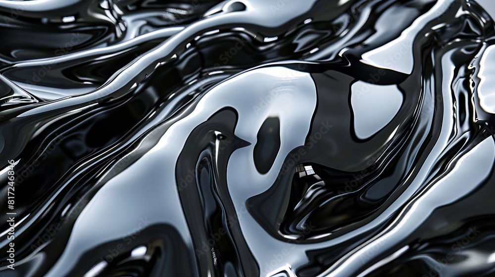 Poster abstract rendering of dark ferromagnetic fluid pulsating and moving, reflecting ripples, showcasing 