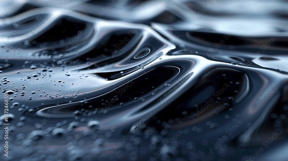 Poster abstract rendering of dark ferromagnetic fluid pulsating and moving, reflecting ripples, showcasing 