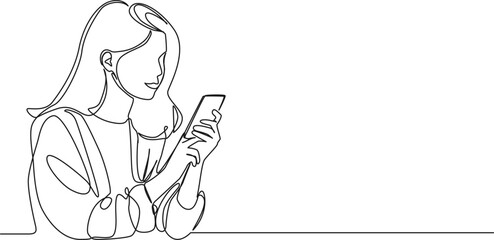 continuous single line drawing of young woman or teenager using smartphone, line art vector illustration