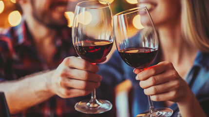 Close-up of male and female hands holding glasses of red wine.