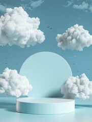 3d render blue background with white clouds flying in front of circle shape. Minimal scene empty, blank for mockup product display with copy space for text