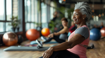 Senior happy black woman enjoying a pilates class with friends. Yoga as a retirement hobby in old women. Inclusive and diverse communities keeping fit. Exercising for mental health. 