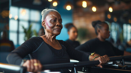 Elderly black woman wearing sportswear at the gym doing barre. Senior African American woman doing pilates. Diversity and inclusion in the wellness industry. Retirement hobbies and working out at gym