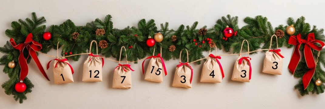 Flat lay of an advent calendar with wrapped gifts and Christmas decorations on a fir branch background
