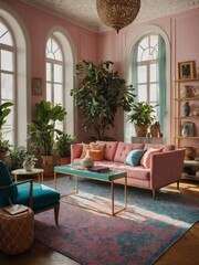 Fototapeta premium Elegantly decorated living room bathes in natural light. Plush pink sofa adorns with various textured throw pillows. In front of sofa glass coffee table with gold frame.