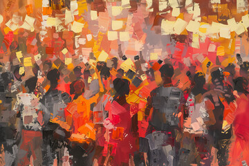 A painting of a crowd of people with some of them holding signs