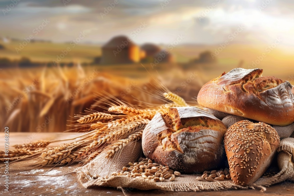 Poster freshly baked bread and wheat grains displayed on a wooden table in the countryside. generative ai
