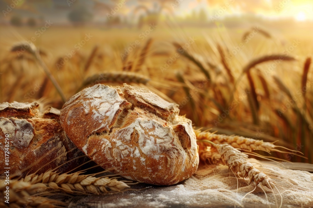 Poster a loaf of bread sits on a wooden table amidst a wheat field, showcasing farm-to-table bread producti