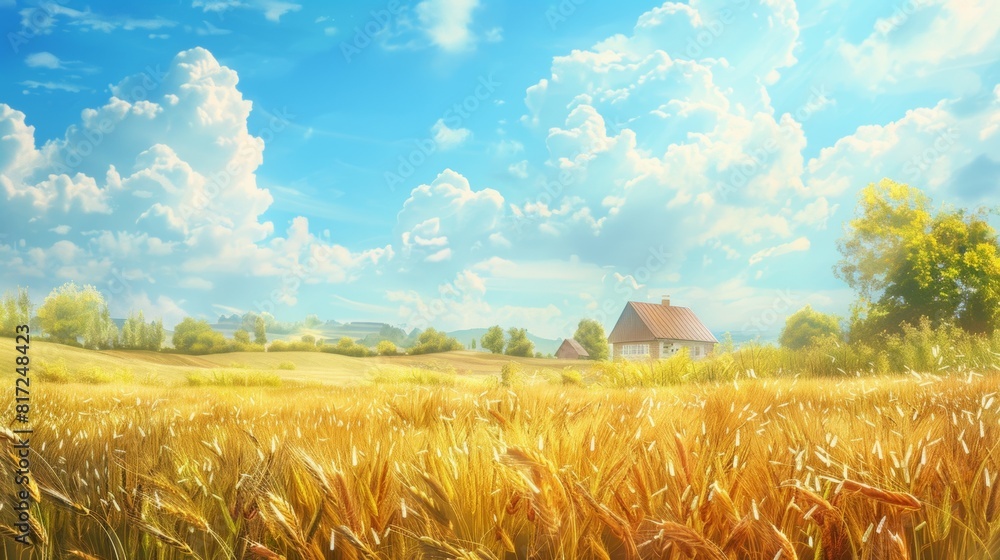 Poster animated depiction of a wheat field with a house in the background, showcasing the rural setting and